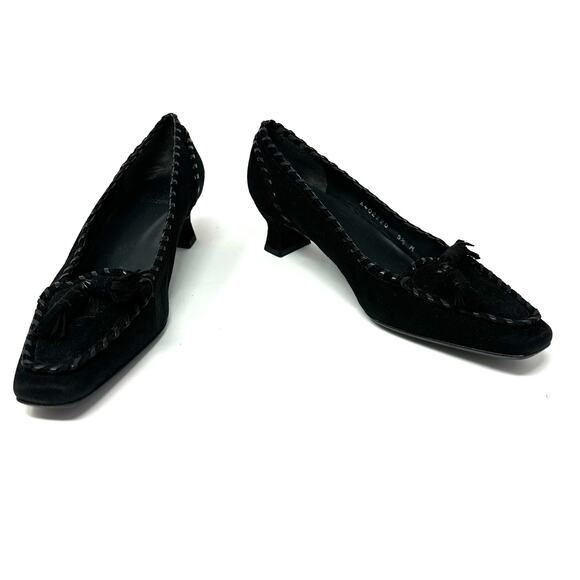 Stuart Weitzman Size 5.5 Pumps Black Square‎ Toe Stitched Tassel Formal Business - Picture 1 of 10